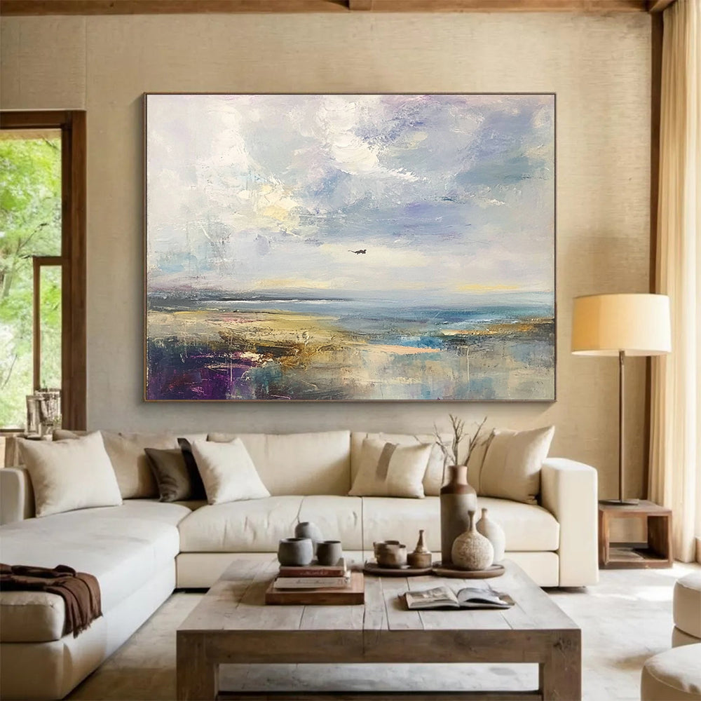 “Impressionist Seaside” - Purple, blue, beige, Impressionist Landscape Painting HB0644
