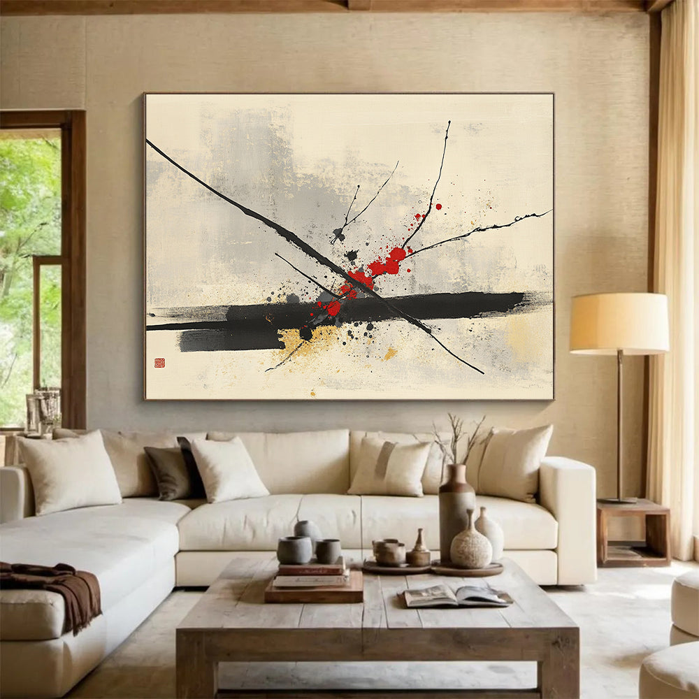 Black, Red, Gray and Beige Minimalist Branches "Splash Blossom" Painting On Canvas HB315