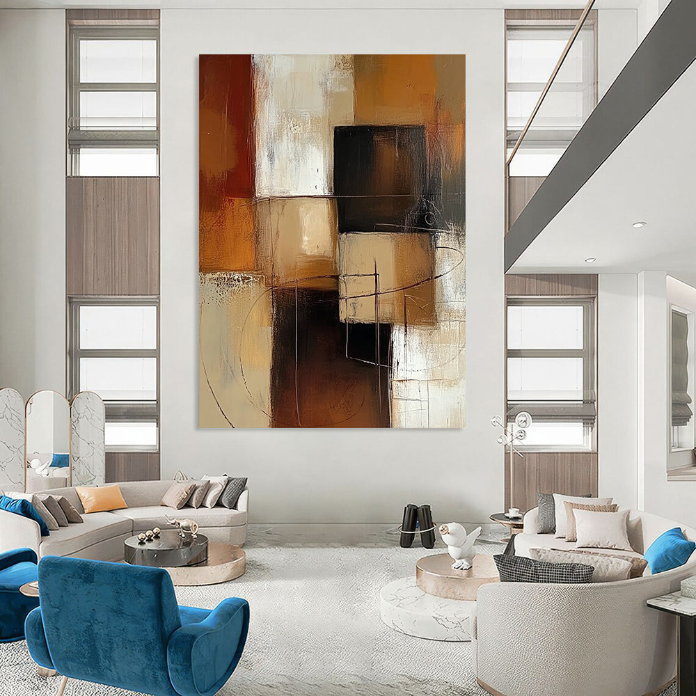 Contemporary hand-painted abstract art features warm brown and beige blocks with white accents showcasing visible brush strokes and soft edges. DLZ0978
