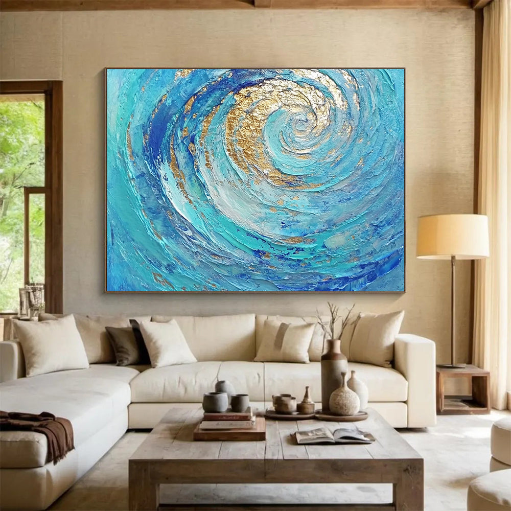 “Golden - Blue Spiral Flow” - Blue, Gold, Spiral Waves Painting On Canvas HB0726