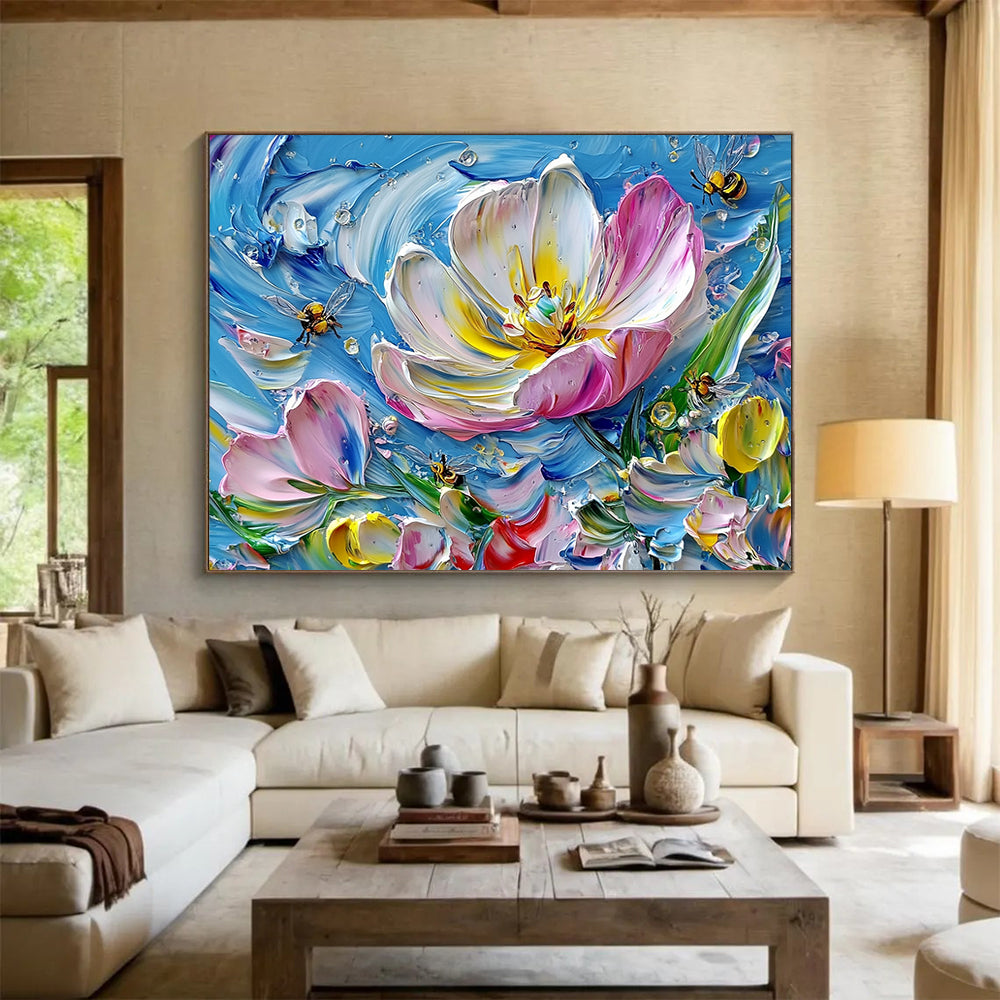 3D Textured Flower with Bees on Blue - Impasto Floral Painting On Canvas HB0447