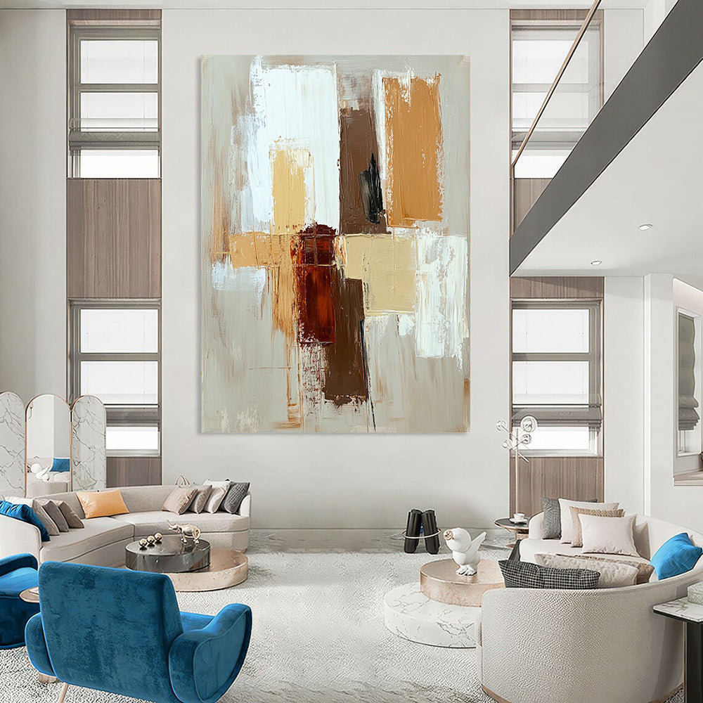 Contemporary hand-painted abstract artwork featuring a minimalistic design with beige brown and white brush strokes for a serene aesthetic. DLZ1020