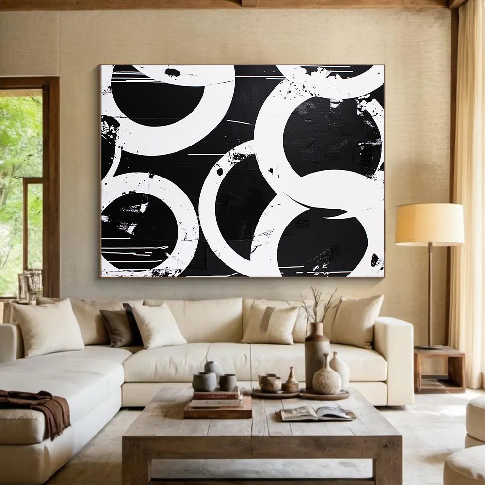 Black, White, Overlapping Circles "Graphic Circle Overlaps" Abstract Pop - Art Inspired Painting On Canvas HB173
