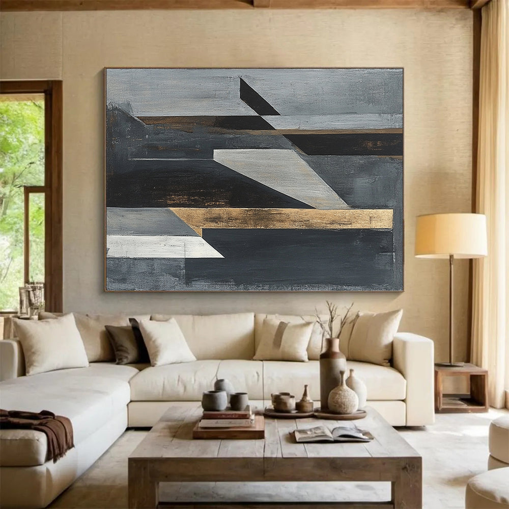 Gray, Black, White and Gold Geometric Abstraction "Dynamic Geometry" Painting On Canvas HB389