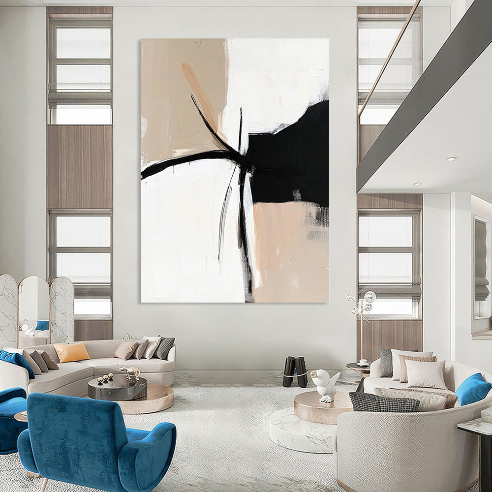 Contemporary hand-painted abstract artwork in black, white, and beige, featuring a minimalist design with an elegant bohemian feel. DLZ0320