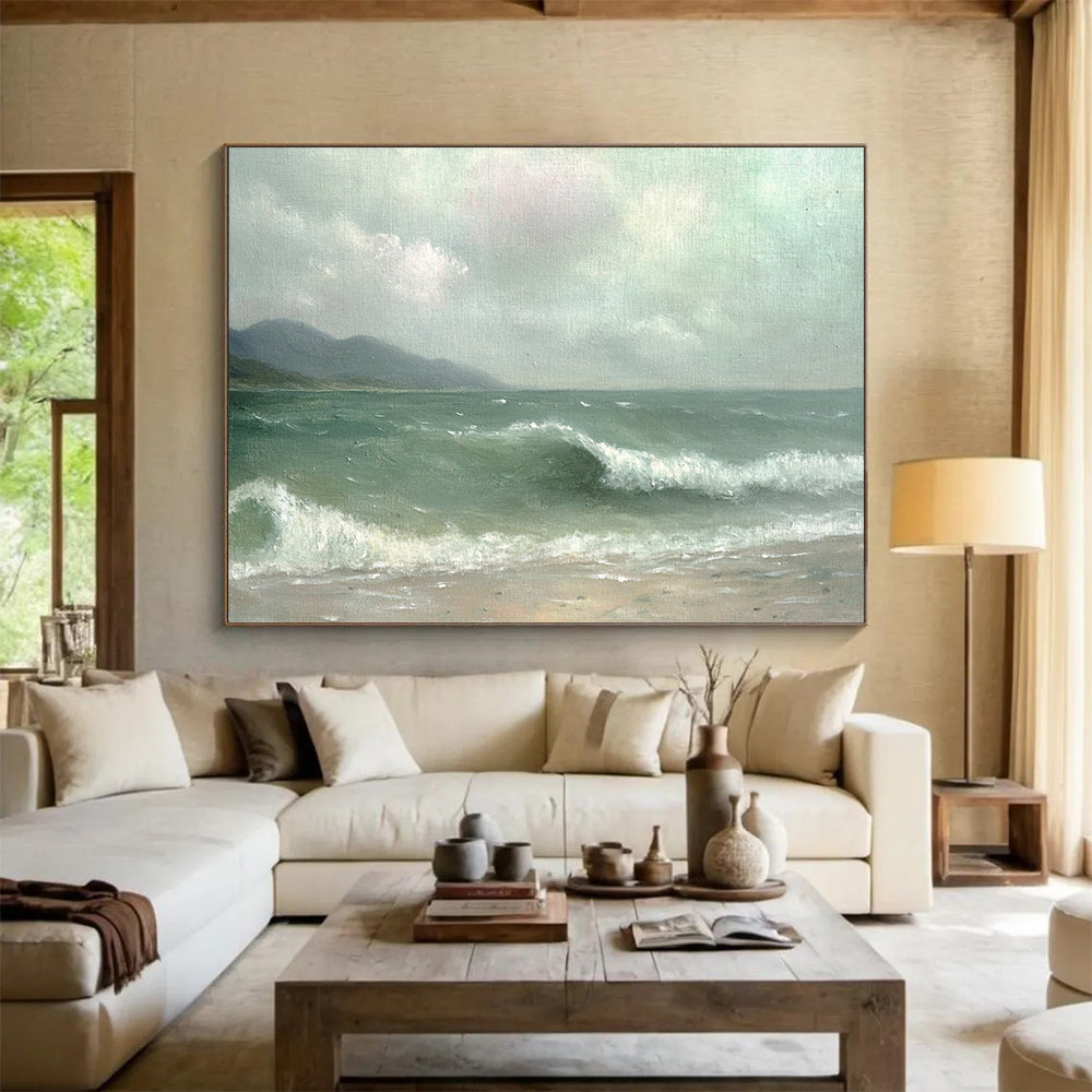 “Misty Sea Beach” - Green, Gray, Sea, Beach, Mountains Painting On Canvas HB0755