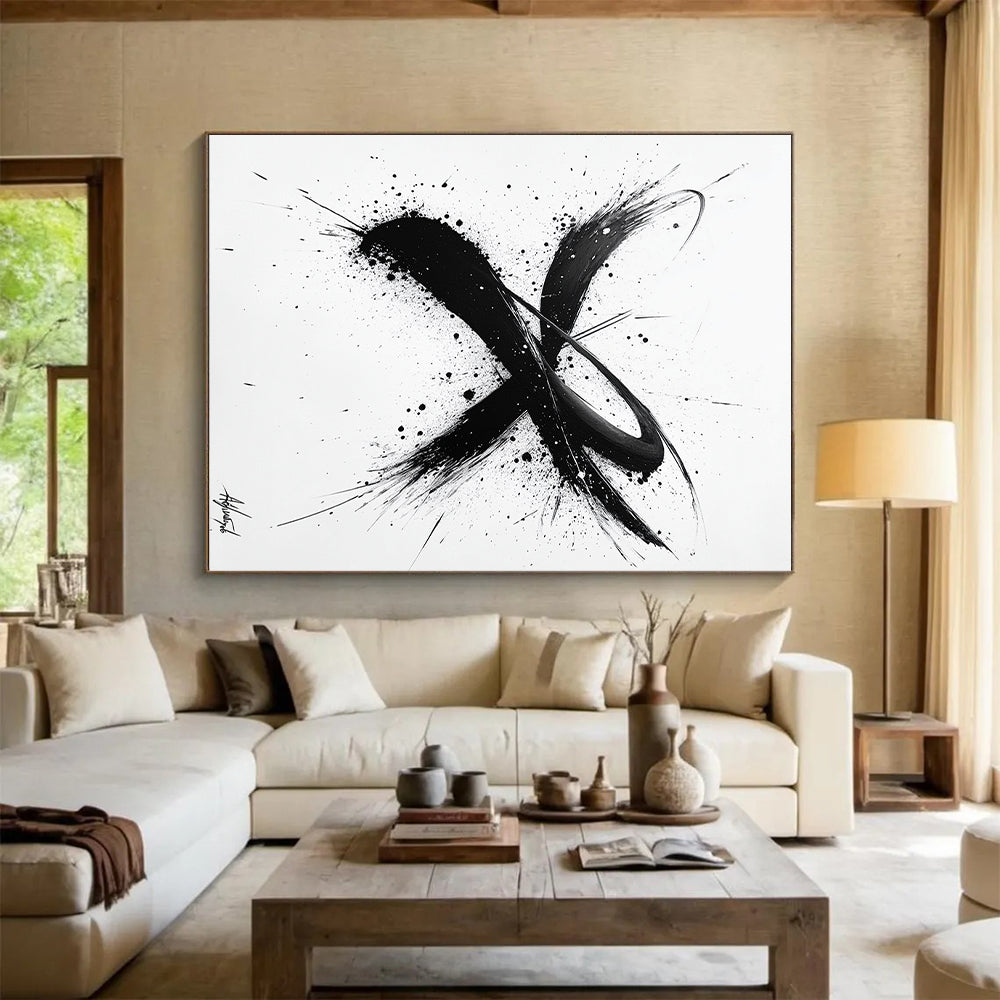 Black Brush Strokes & Splatters on White - “Dynamic Ink Energy” Painting On Canvas HB214