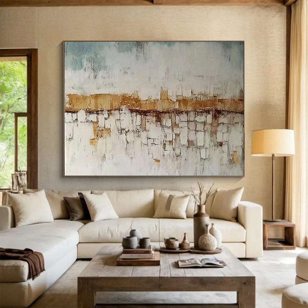 Blue, White and Brown Abstract Cityscape "Hazy Horizon" Painting On Canvas HB0417