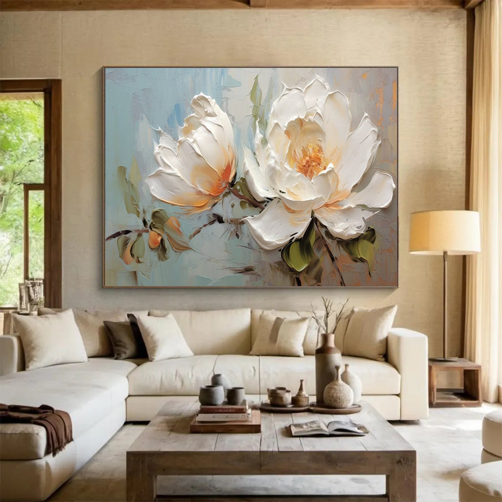 Textured White Peony Painting - Elegant Bedroom Floral Decor DLZ174