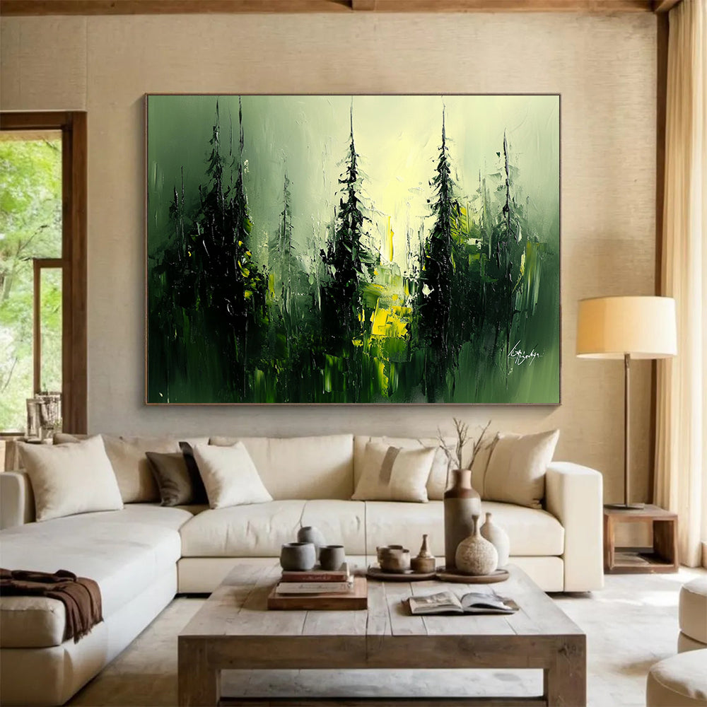 “Mystic Forest Glow” - Green, Yellow, Black, Abstract Trees - Oil Painting HB1485
