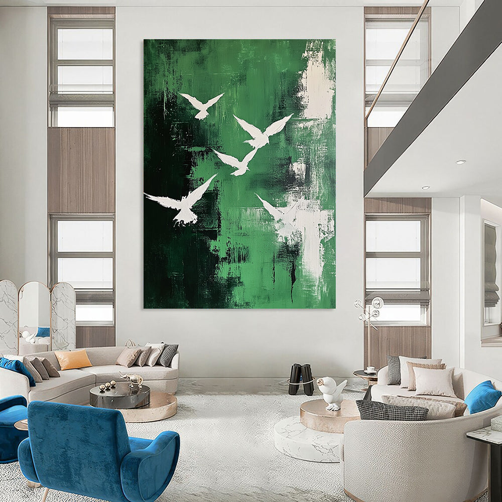 Contemporary abstract painting featuring white birds in an emerald sky with dynamic brushstrokes and textured expressions on canvas. DLZ0669