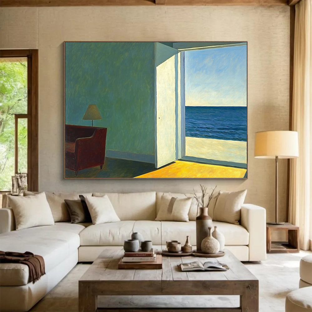 “Room with a View of the Sea” - Green, Blue, Yellow, Interior with Sea View - Realist Oil Painting HB1644