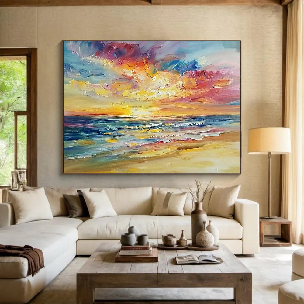 “Vibrant Sunset Sea” - Bold Orange, Pink, Purple, Blue, Impressionistic Sunset Beach Painting On Canvas HB0981