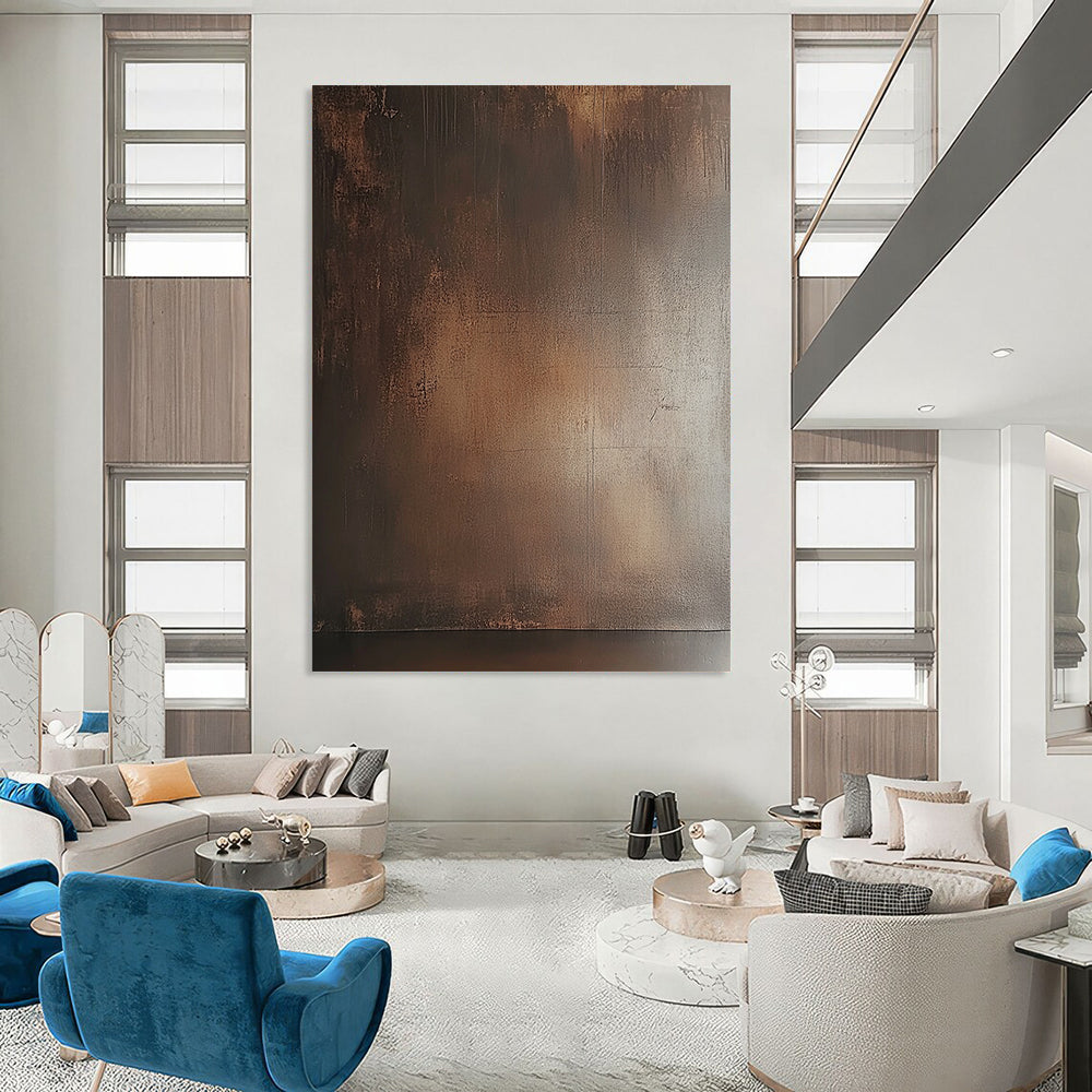 Contemporary abstract painting featuring a textured brown wall with subtle sheen and earthy tones enhancing a moody atmosphere. DLZ1690
