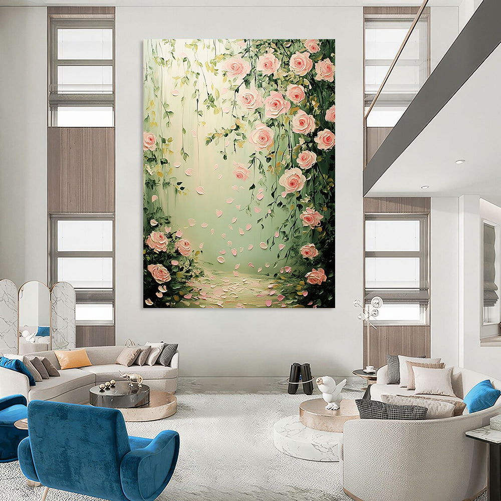 Contemporary hand-painted abstract art featuring pink roses and green leaves with softly falling petals in a dreamy pastel background, perfect for wedding decor. DLZ1508