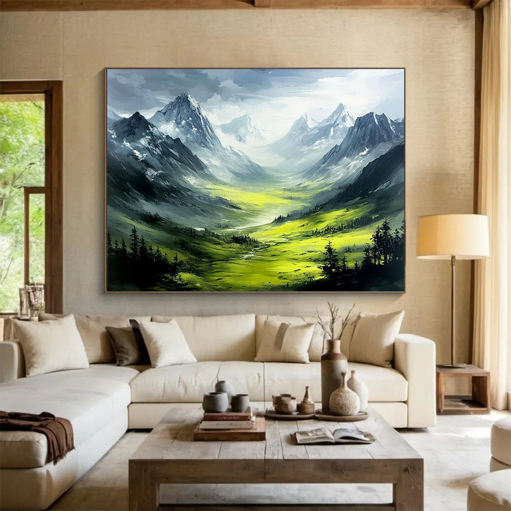 “Mountain Valley Dream” - Green, gray, mountain valley, Landscape Painting On Canvas HB0561