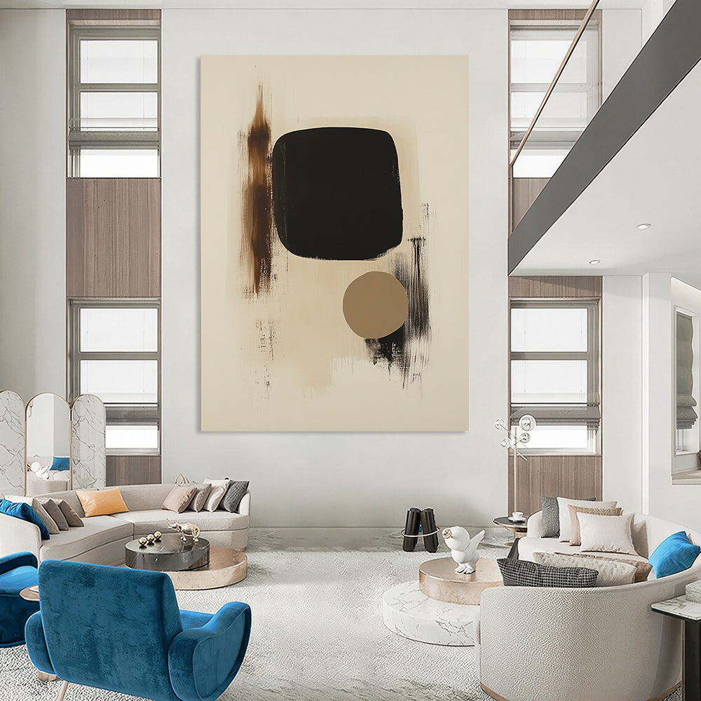Large contemporary hand-painted abstract art featuring black shapes on beige background with a small brown form and organic brushstroke textures. DLZ1331