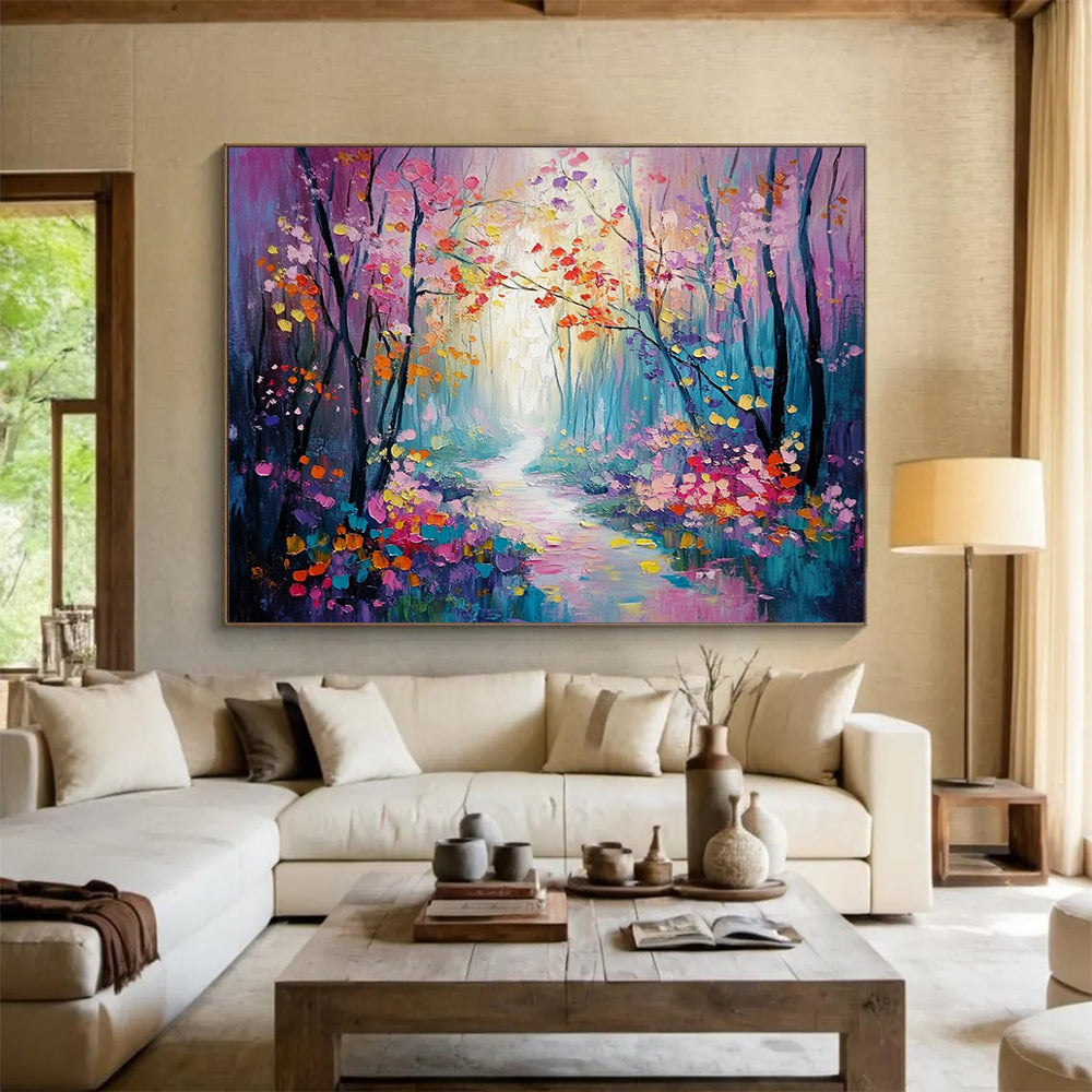 “Colorful Enchanted Forest Path” - Purple, Pink, Yellow, Blue, Flower - Lined Path - Whimsical Oil Painting HB1700