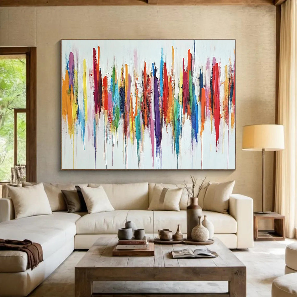 “Color Cascade” - Rainbow - like reds, oranges, yellows, greens, blues, purples; Vertical, dripping color strokes; Abstract Expressionist Painting On Canvas HB1153