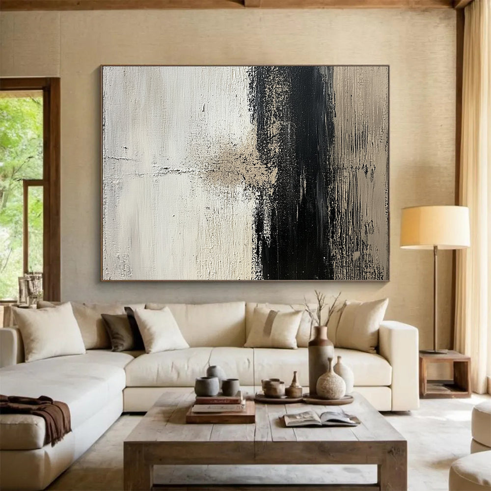“Textured Black and White Abstract” - Black, white, beige; Textured abstract with bold brushstrokes; Acrylic Painting On Canvas HB1269