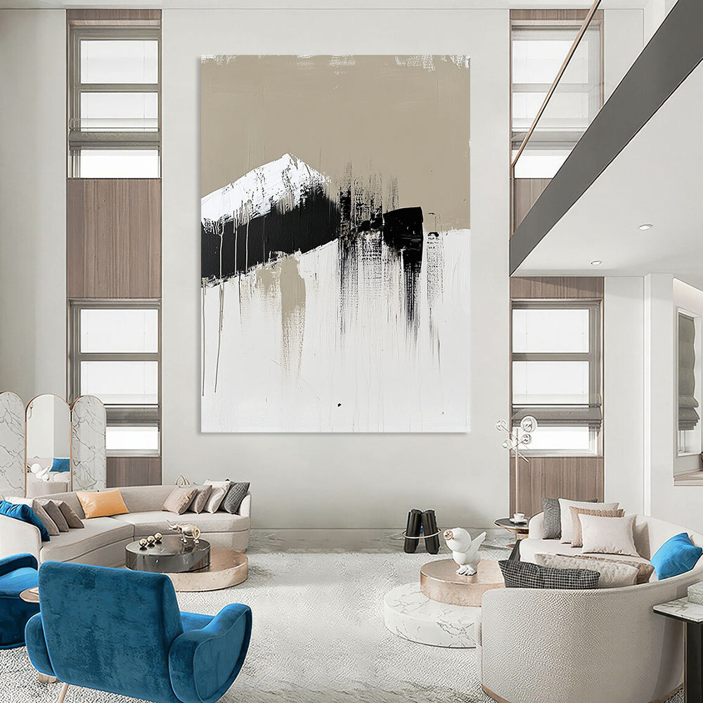 Contemporary hand-painted abstract art featuring a single brush stroke in neutral tones with black and white accents emphasizing minimalism. DLZ0971