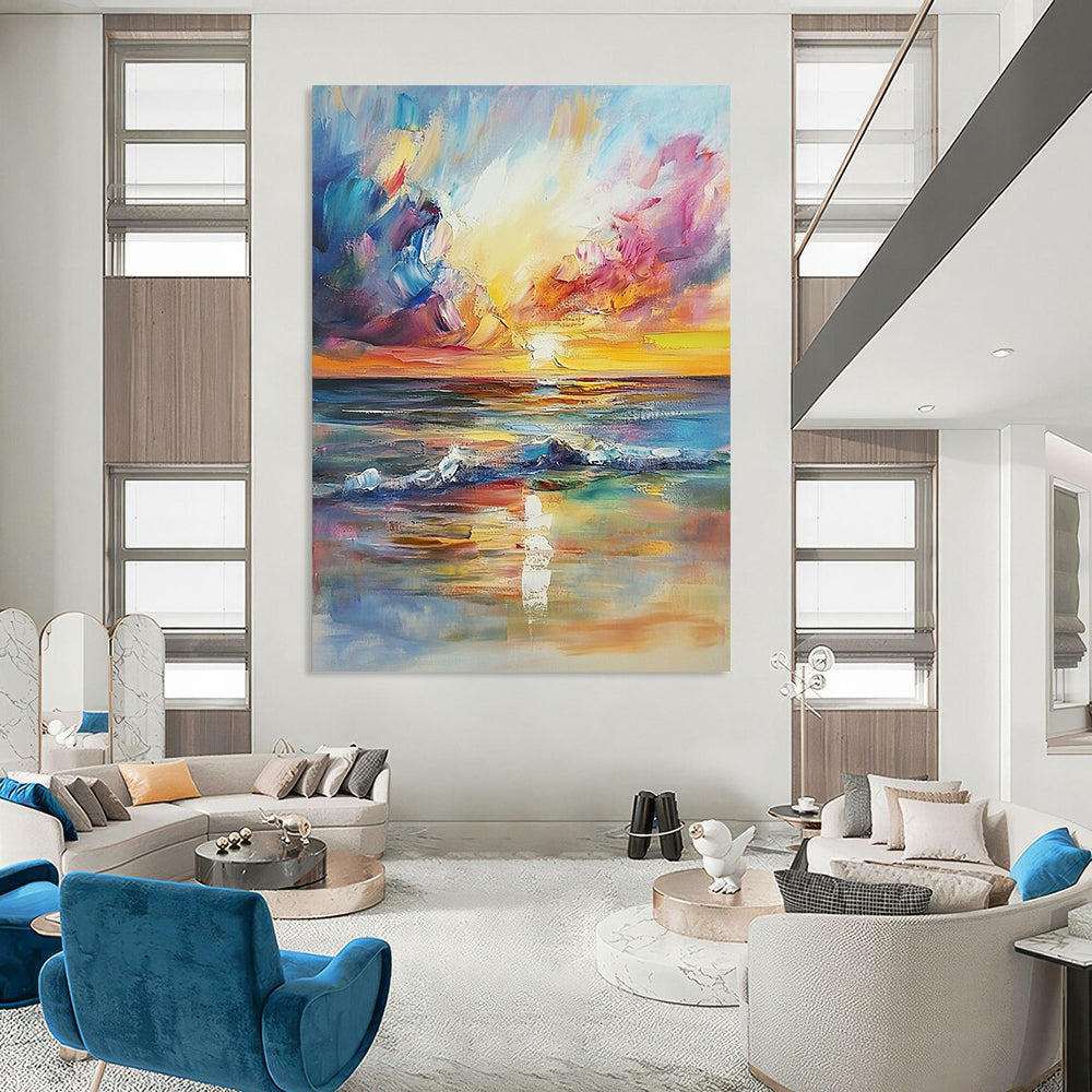 Contemporary hand-painted abstract artwork with impressionist style depicting a dreamy sunset over the sea, perfect for enhancing living room aesthetics. DLZ1125