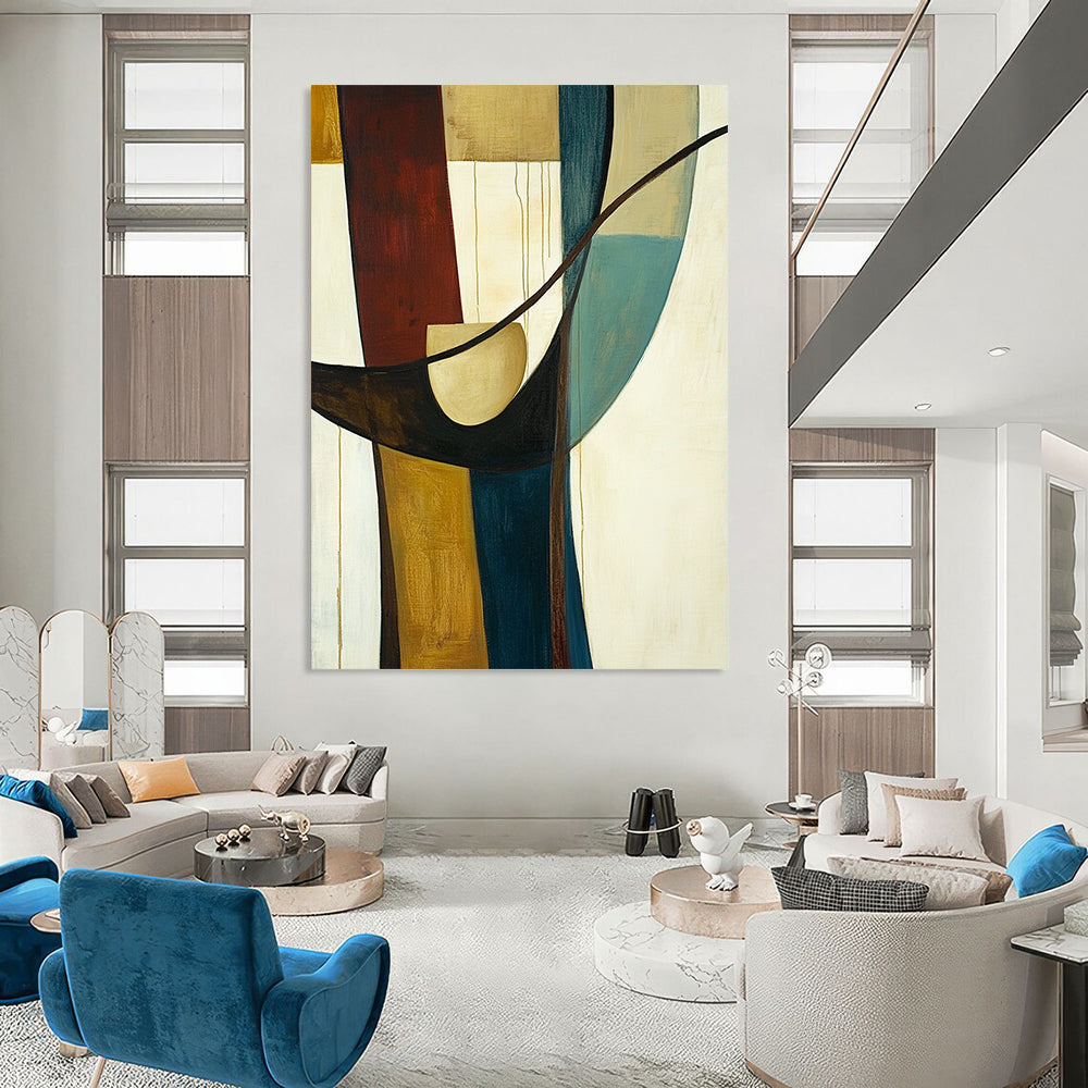 Large contemporary hand-painted abstract art featuring vertical lines, a circular shape, and curved elements in earthy tones of brown and blue-green. DLZ1395