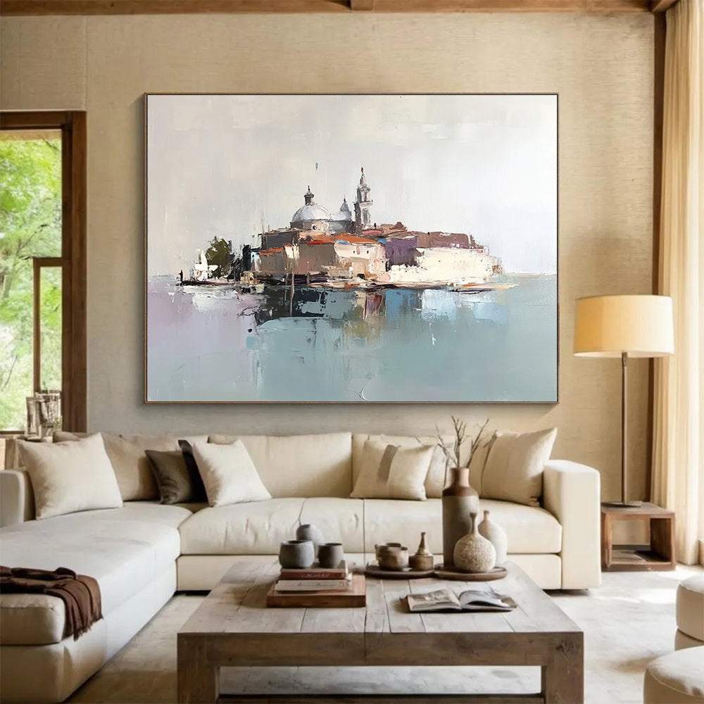“Abstract Venetian Island” - Browns, Greys, Blues, Purple, Island Scene - Abstract Oil Painting HB1578
