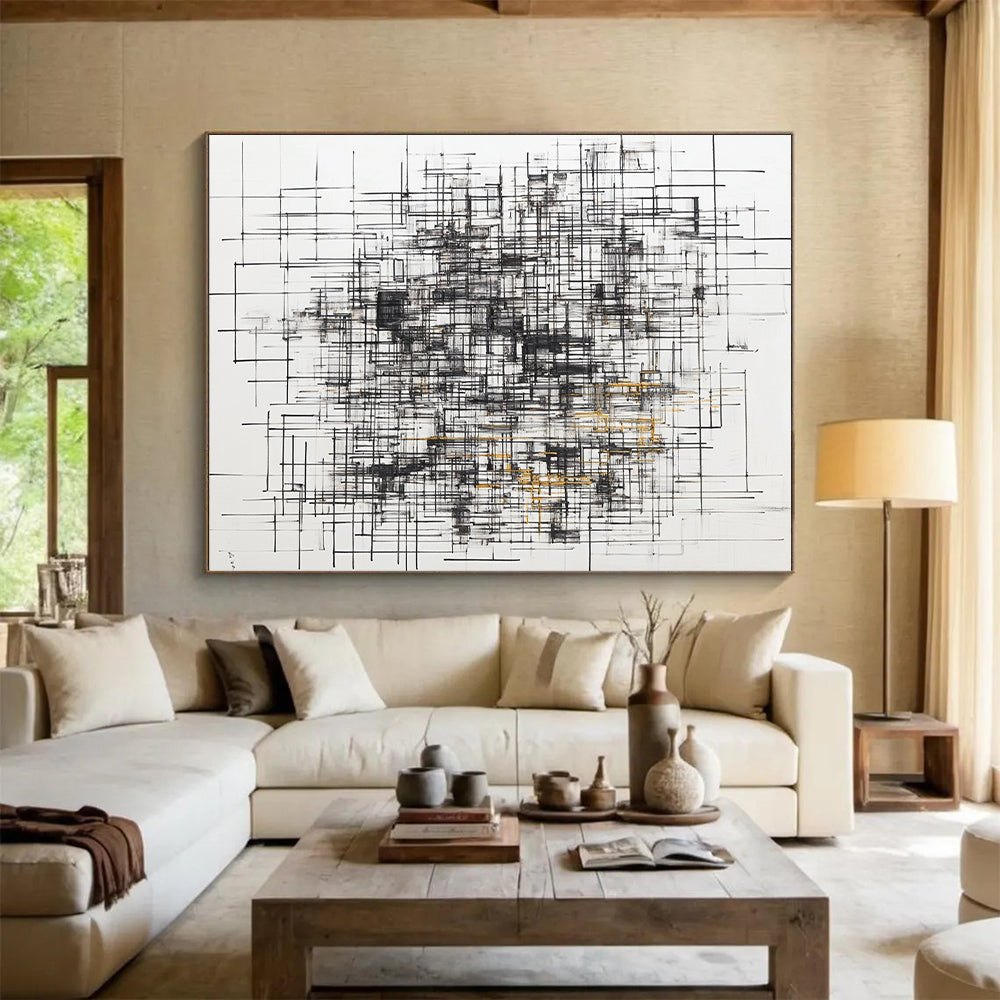 Black, White, Gray, Gold, Grid of Lines "Gilded Matrix" Abstract Minimalist Painting On Canvas HB125
