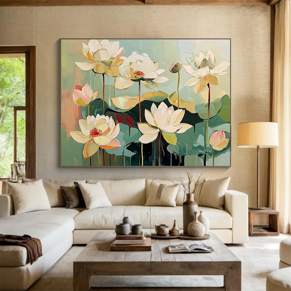 “Textured White Lotus Flowers” - White, Green, Pink, Layered Lotus Blooms - Impasto Acrylic Painting HB1651