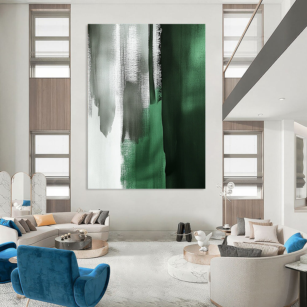 Large contemporary abstract painting featuring emerald green and gray brushstrokes with a minimalist Japandi aesthetic in a vertical format. DLZ1624