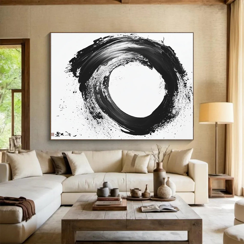 Black and White Textured Circle "Rough Zen" Painting On Canvas HB274