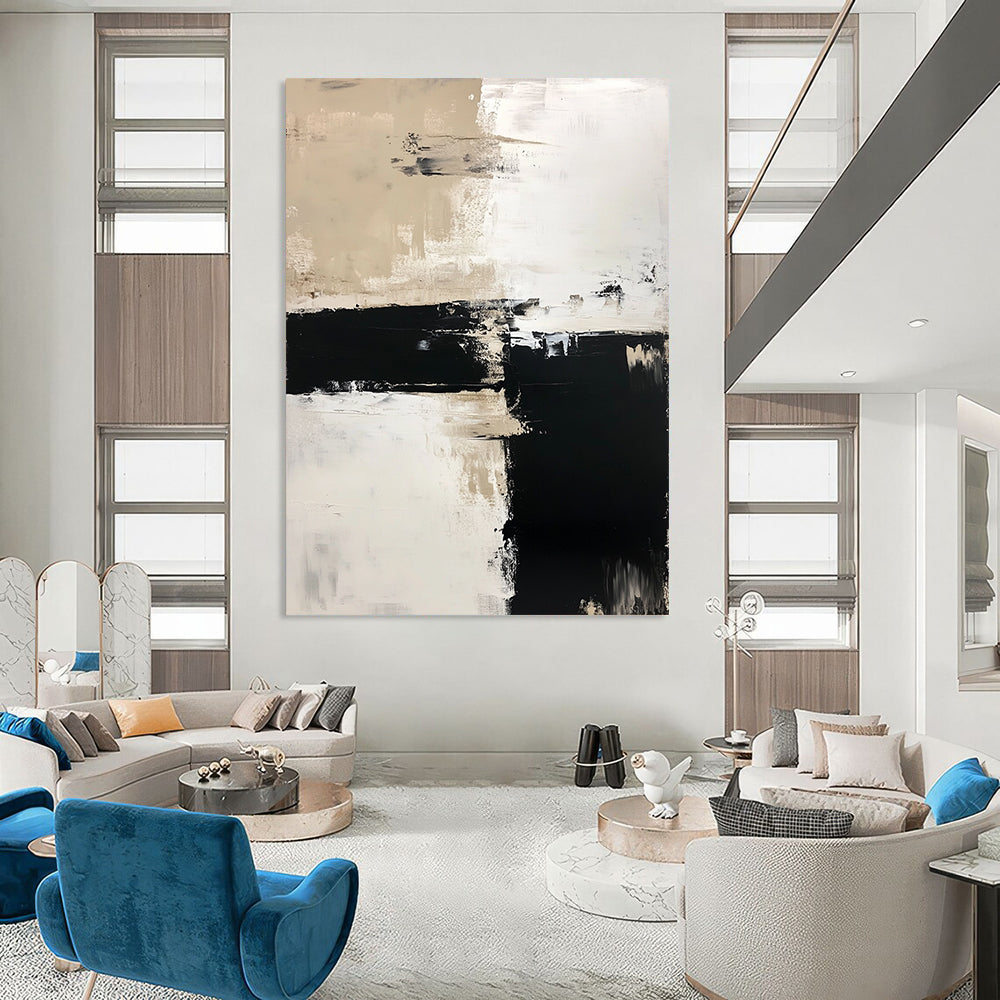 Contemporary hand-painted abstract art features a harmonious blend of white, beige, and black tones in acrylic paint for a modern aesthetic. DLZ0270