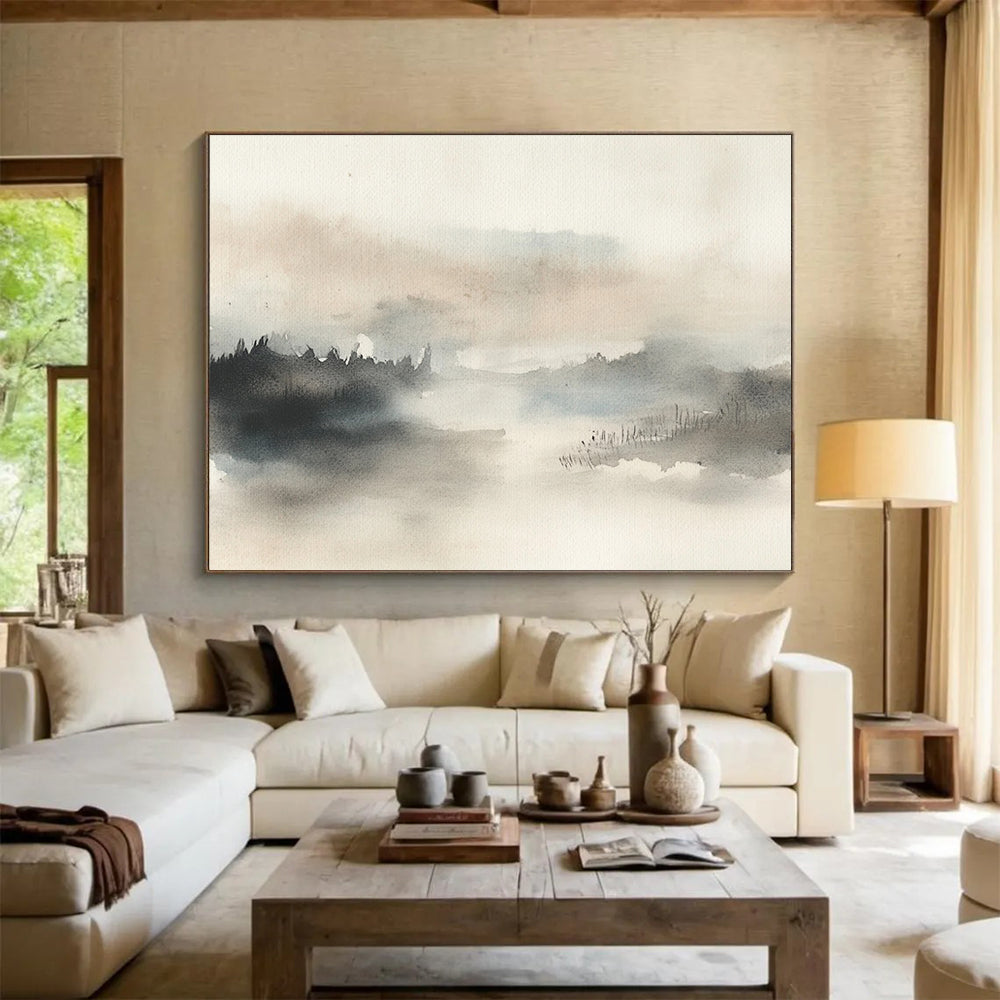 “Misty Landscape Watercolor” - Gray, Beige, Misty Landscape Watercolor On Canvas HB0717