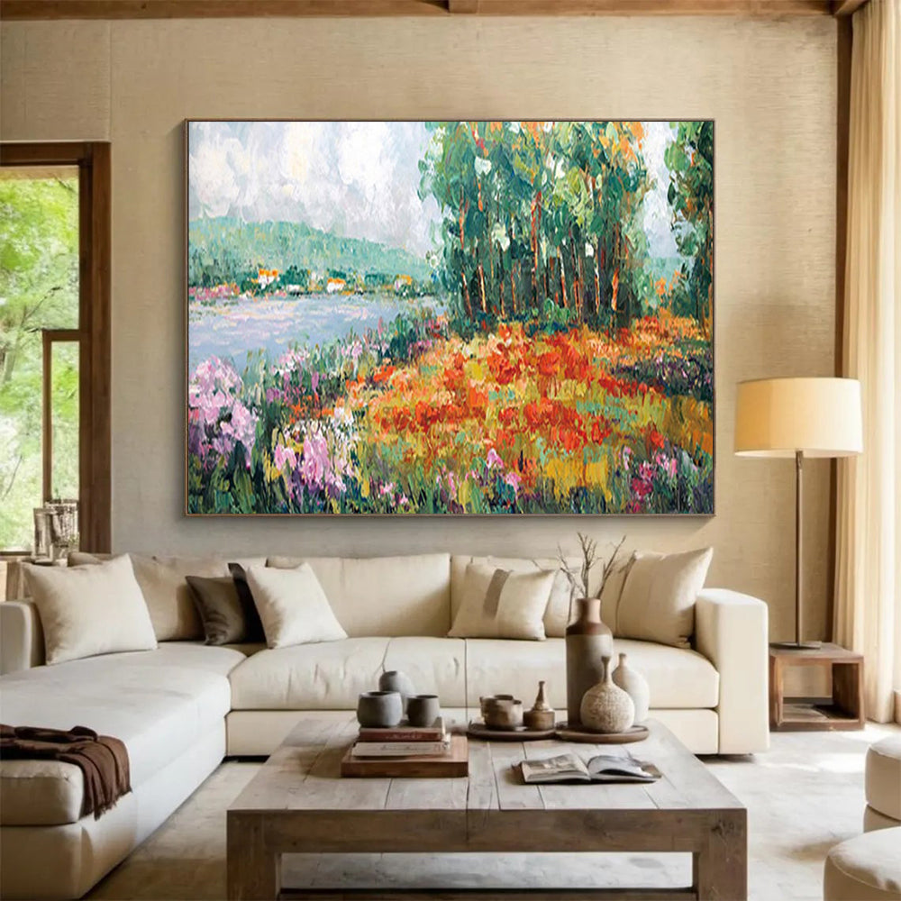 Lakeside Flower Field - Cheerful Living Room or Bedroom Art DLZ228