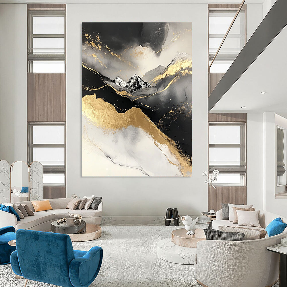 Contemporary abstract painting featuring a snowy mountain design with black and gold marble texture and grey accents on a white background. DLZ0272