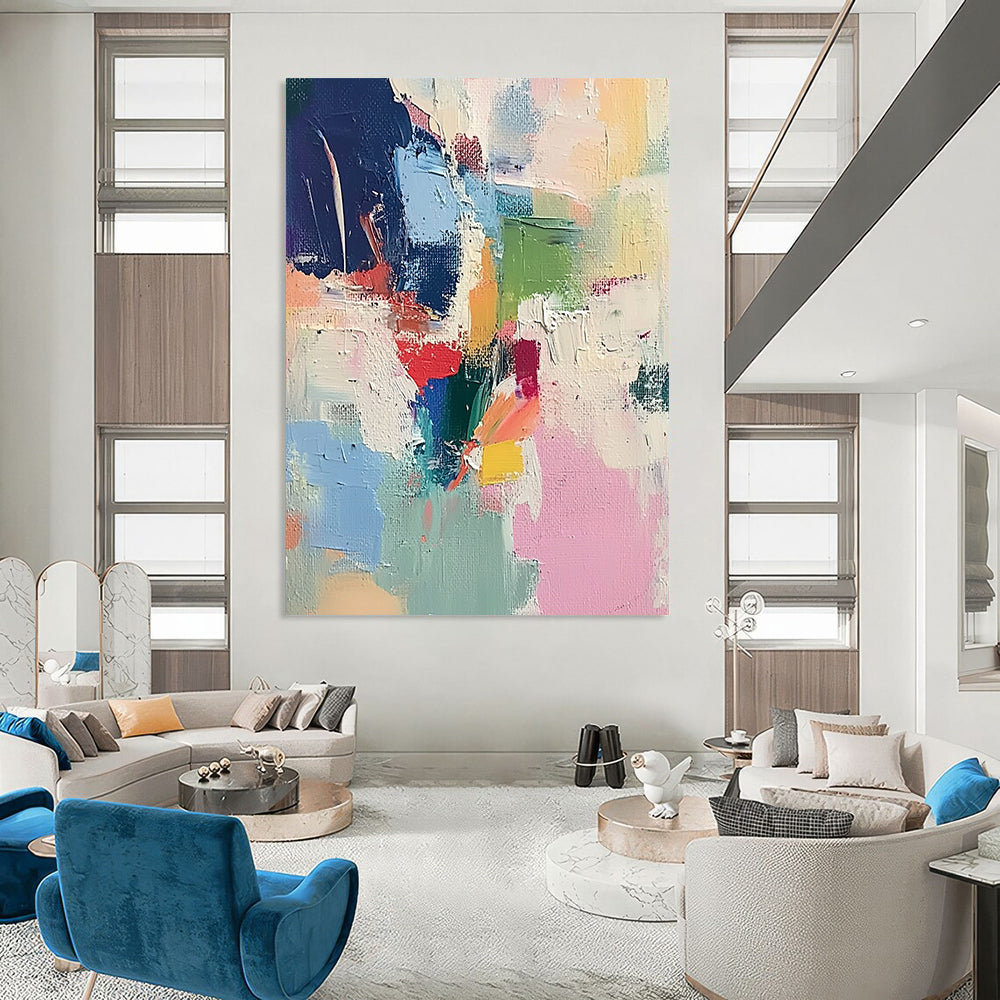 Large contemporary hand-painted abstract artwork featuring soft brushstrokes light colors thick paint and striking contrasts creating a chaotic atmospheric composition. DLZ0767