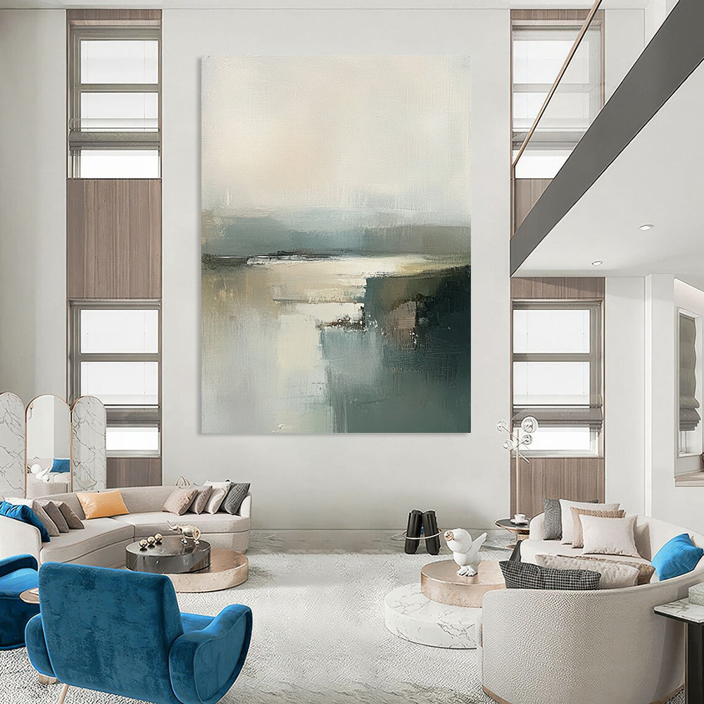 Contemporary abstract art featuring an Irish landscape with expressive brush strokes in grey and green tones and a hazy neutral palette. DLZ0461