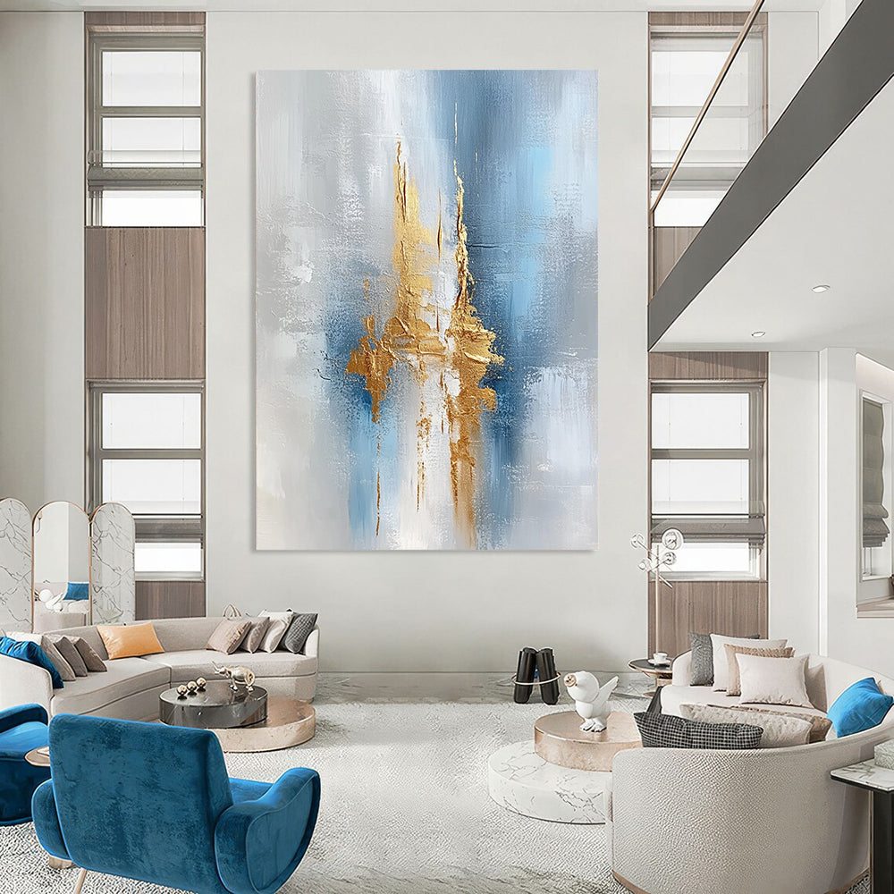 Large contemporary hand-painted abstract artwork featuring a textured light gray and white background with intricate blue and gold accents. DLZ0328