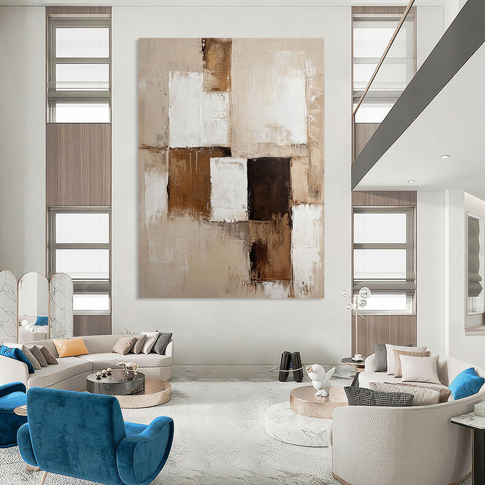 Contemporary abstract painting with beige and white tones and brown accents on textured canvas creates a perfect neutral wall accent. DLZ0289