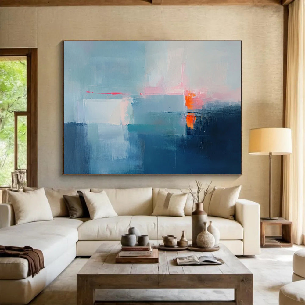 “Subtle Abstract Horizon in Blue” - Blue, white, pink, orange; Subtle abstract horizon with soft colors; Acrylic Painting On Canvas HB1274