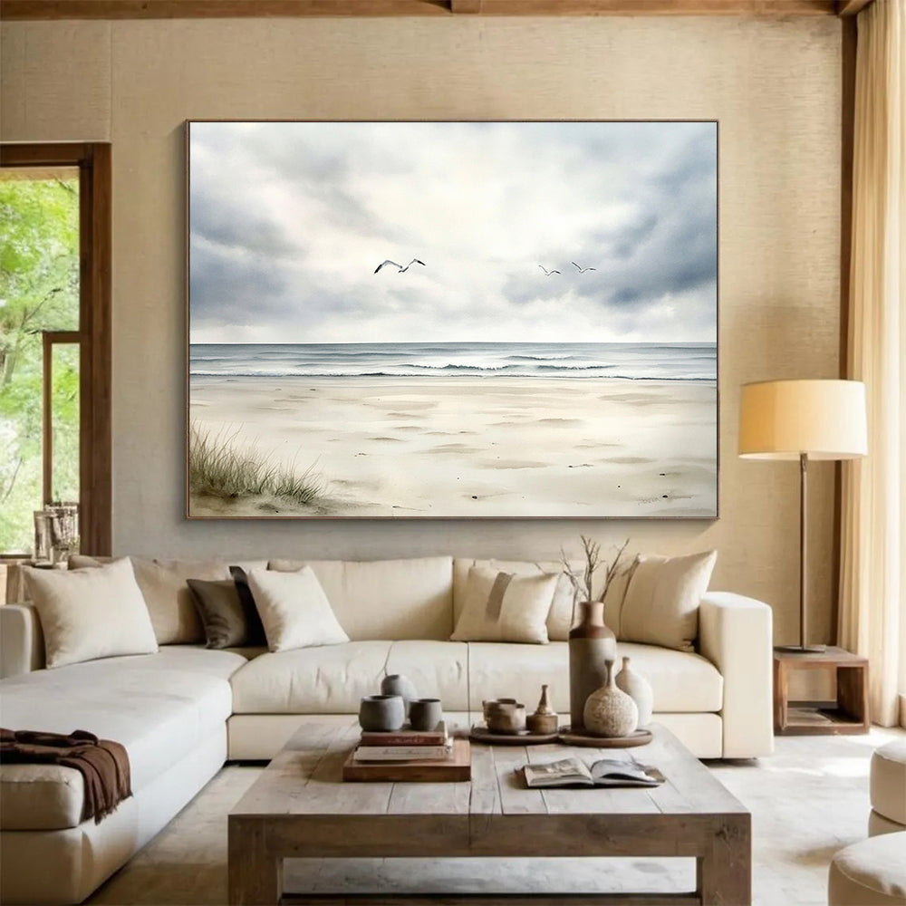 “Seagulls Over Calm Beach” - Gray, White, Serene Seaside Watercolor On Canvas HB0697