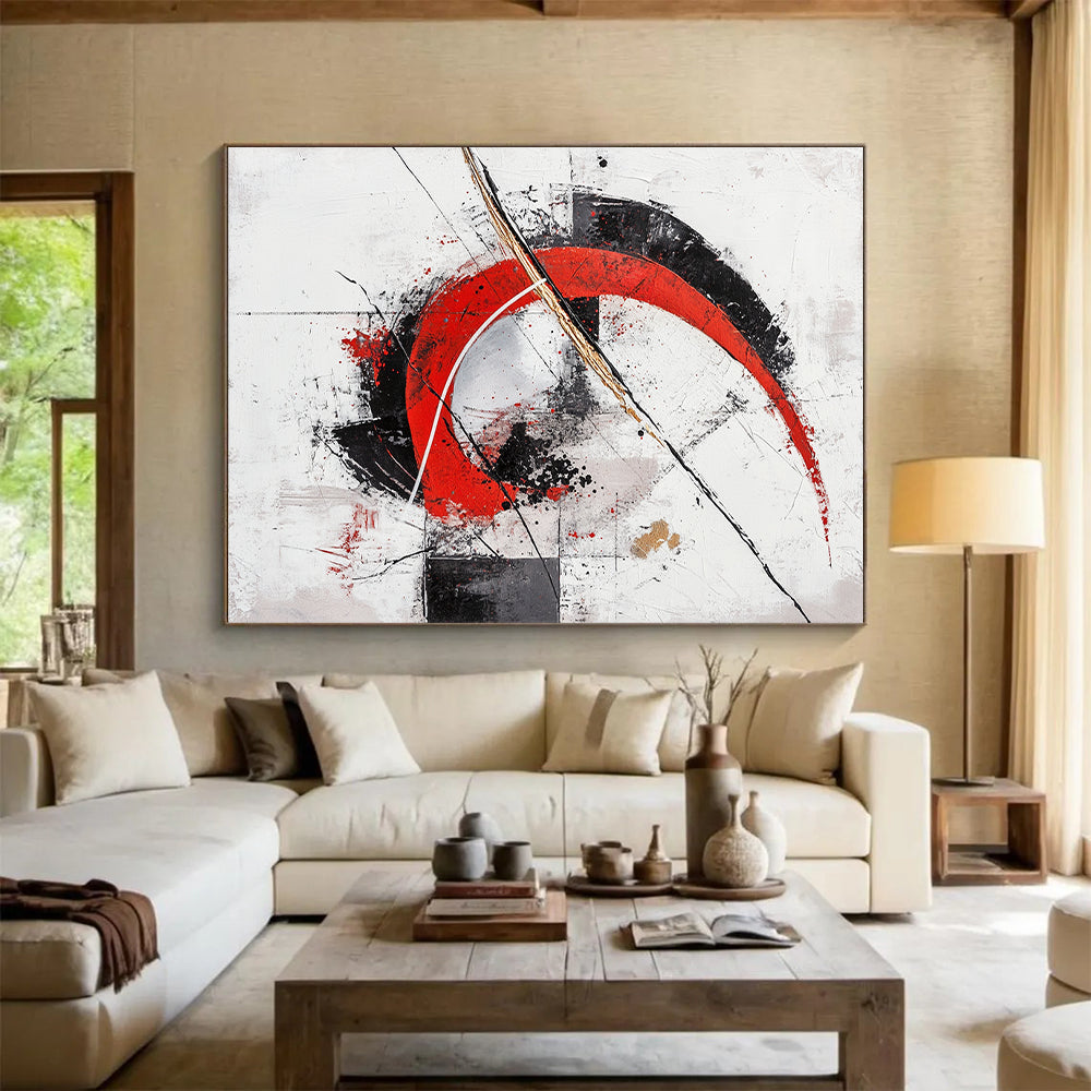 White, Red, Black, Gray, Gold, Circular Motifs "Crimson Enso" Abstract Zen - Inspired Painting On Canvas HB070