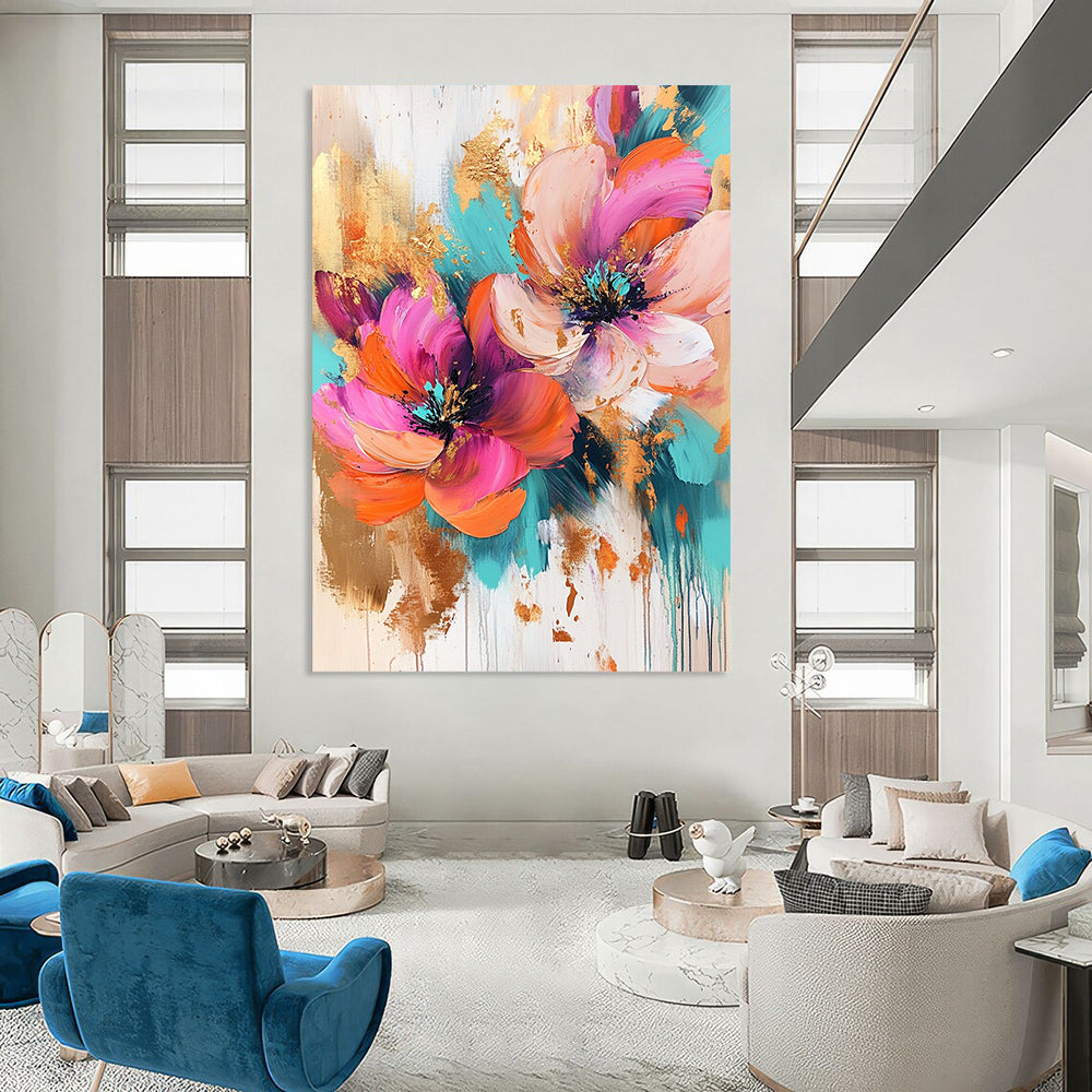 Contemporary abstract artwork featuring vibrant pink, orange, and turquoise flowers enhanced with gold leaf splashes, ideal for modern decor. DLZ1263