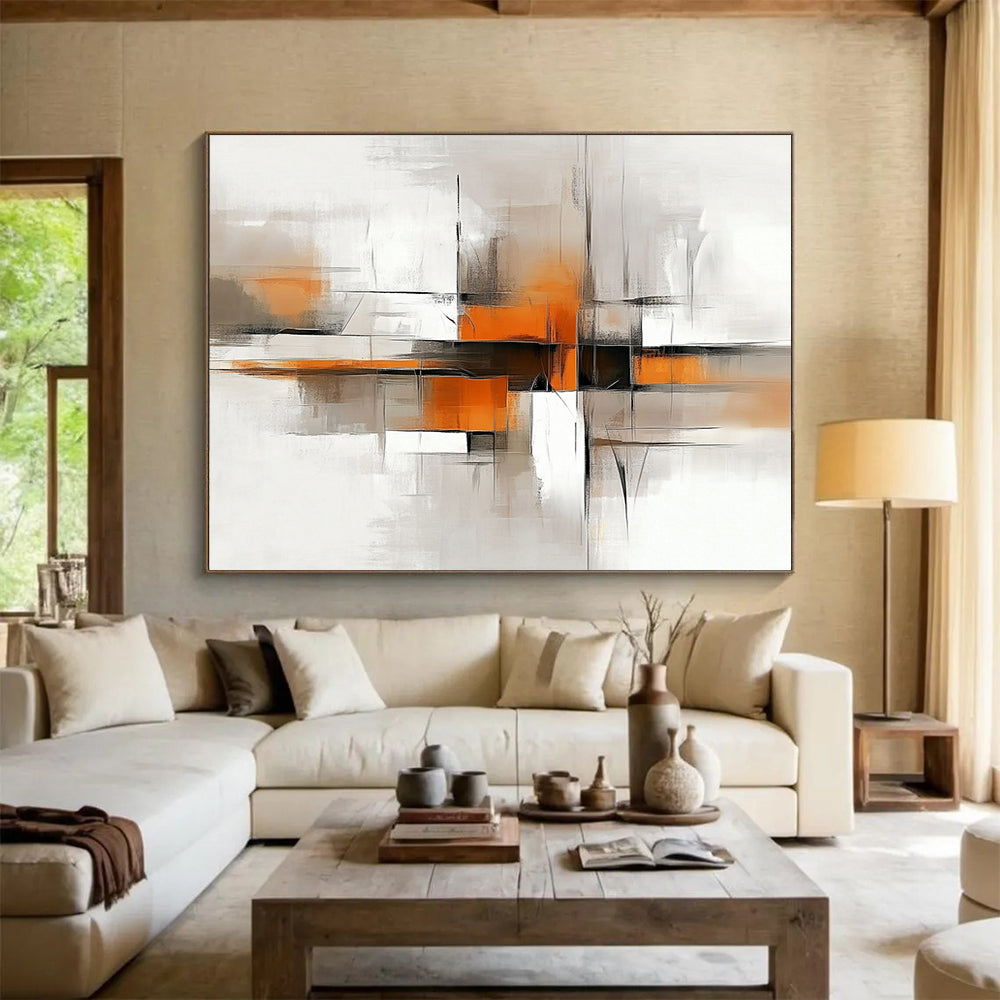 “Geometric Abstract in Gray and Orange” - Gray, orange, white, black; Geometric abstract with lines and blocks; Acrylic Painting On Canvas HB1219