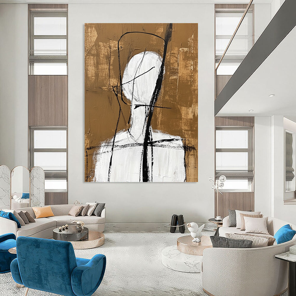 Contemporary abstract artwork featuring a simple white figure with black lines and a warm brown background inspired by Jean Cocteau's style. DLZ1463