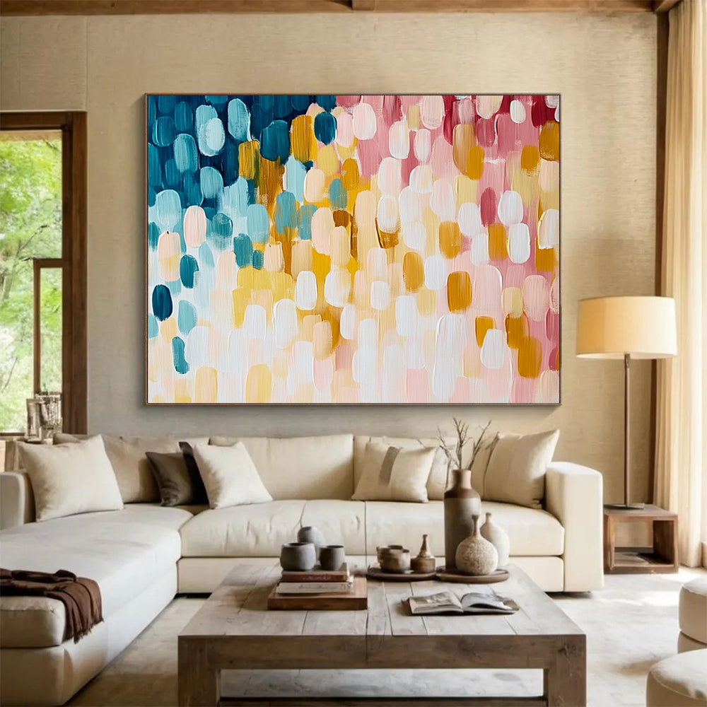 “Pastel Oval Abstract Pattern” - Blue, yellow, pink, white; Abstract oval shapes in pastel colors; Acrylic Painting On Canvas HB1238