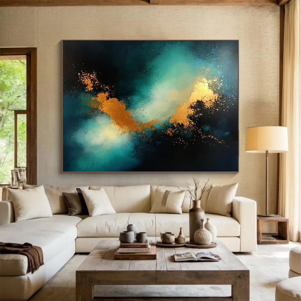 “Cosmic Teal & Gold” - Teal, Gold, Black, Abstract Celestial Clouds Painting On Canvas HB1033