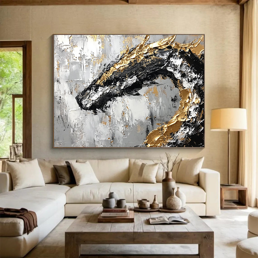 “Golden Dragon on Textured Gray” - Gray, Gold, Black, White, Abstract Textured Dragon Painting On Canvas HB1093