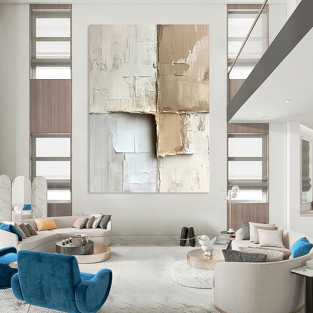 Contemporary hand-painted abstract artwork with textured beige and white blocks showcasing minimalism and neutral tones on canvas. DLZ0286